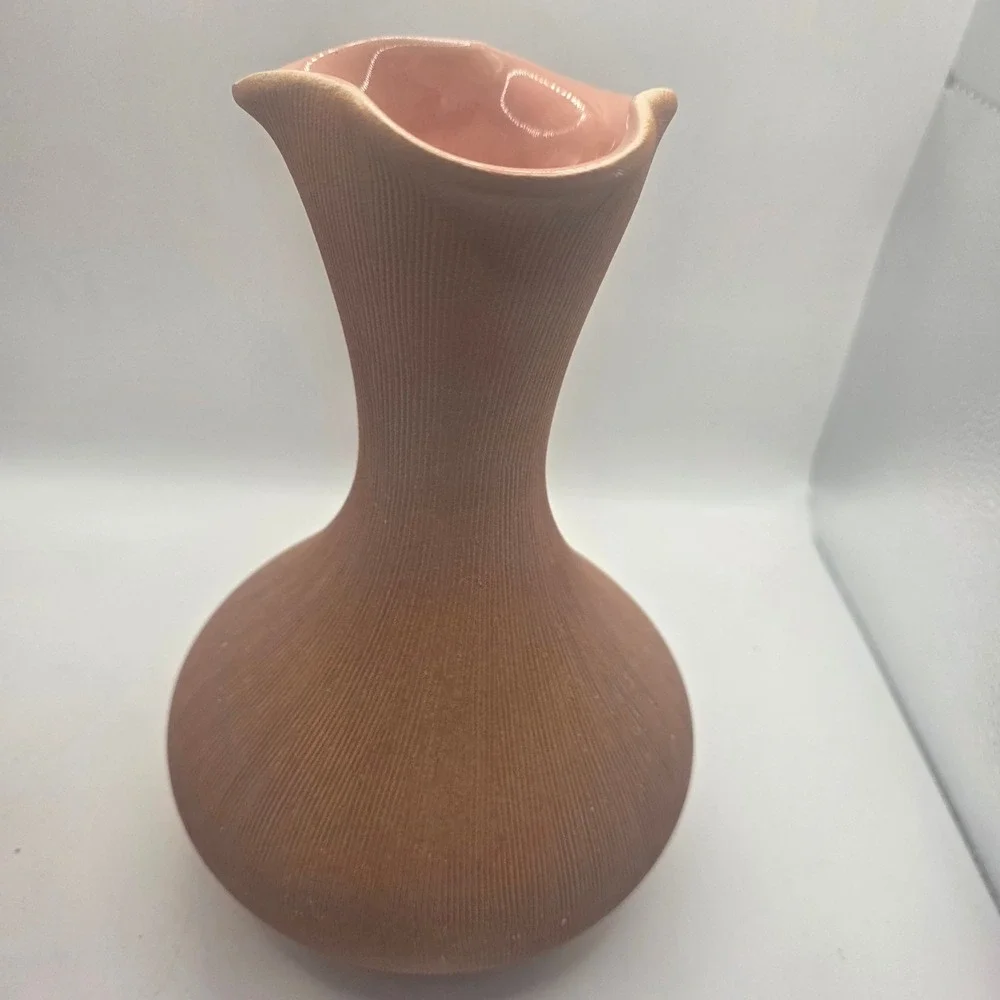 Vintage West Germany 963 Pottery Vase Pink Ribbed Wavy Rim Mid Century MCM